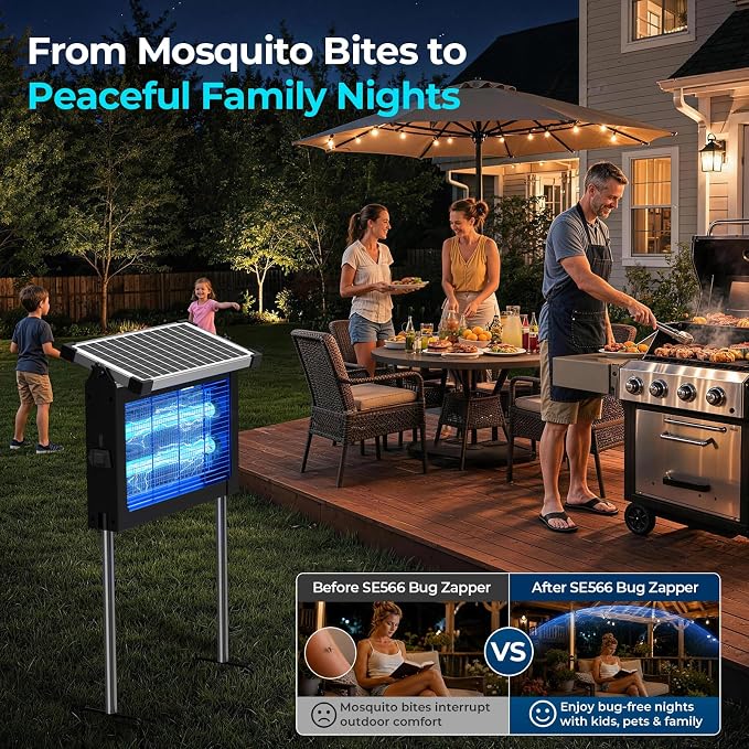 Solar Bug Zapper Outdoor Waterproof, Mosquito Zapper USB-C Rechargeable Solar Bug Zapper Outdoor, 4500V Electric Bug Zapper, Mosquito Trap Fly Zapper Killer for Patio Garden Backyard Camping Garage