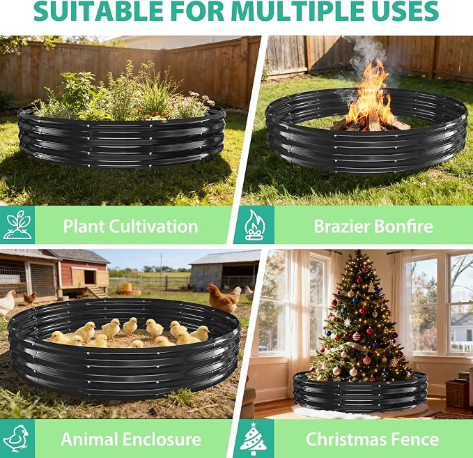 12 Inch Tall 72 Inch Diameter Round Black Raised Garden Bed Kits Outdoor | 1 FT Tall,6 FT Planter Bed for Flowers,Herbs,Vegetables,Trees,0.8MM Thick Galvanized Metal Painted,with Gloves,Tool free