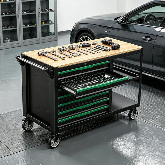 7-Drawers Professional Tool Cart Cabinet,Rolling Tool Chest with Double Shelves,Wood Workbench,Brake Wheels,51.1W x 18.9D x 32.3H inches for Garage, Workshop, or Outdoor Use(7 Drawers)