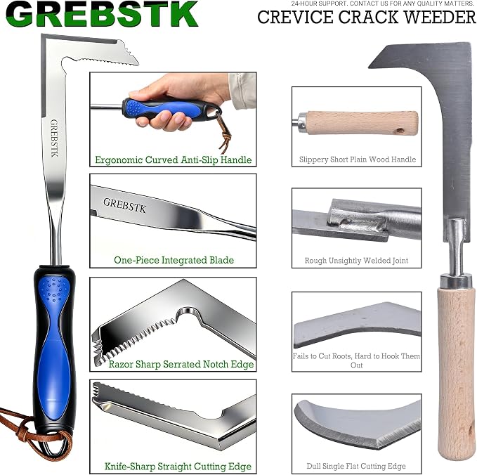 GREBSTK Crack Weeder Crevice Weeding Stainless Steel Sharp Lightweight Tool | Razor-Sharp Rust-Resistant L-Shaped Blade, Comfortable Non-Slip Handle, for Patio Cracks, Driveway Gaps, Walkway Edging