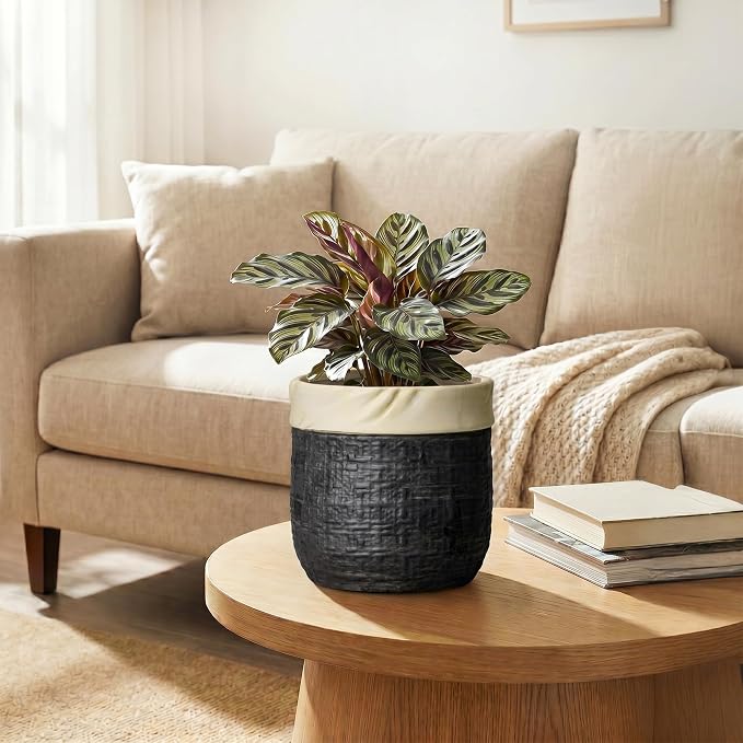 Ceramic Flower Pots - 6 Inch Pots for Plants Indoor Plants, Round Planter with Drainage Hole and Plug, Boho Decorative Plant Pot, House Room Garden Decor, Garden Gift for Women, Black