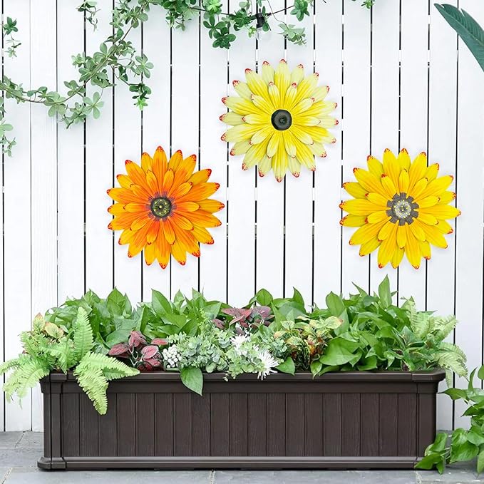 LWINGFLYER 3 Pack Metal Flower Wall Decor - 8" 3D Rustic Modern Daisy Flowers Outdoor Indoor Metal Wall Art Hanging Sculptures for Farmhouse Bathroom Kitchen Living Room Garden Patio