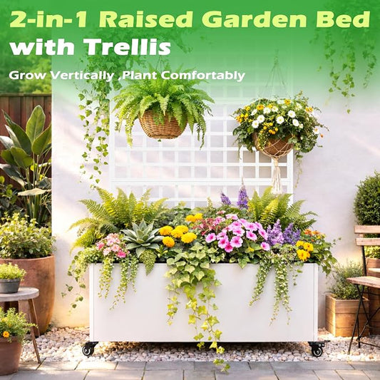 Metal Raised Garden Bed with Grid Trellis and Wheels, 43” L x 16” W x 71” H Privacy Screen for Climbing Plants, Metal Planter Box with Drainage Holes