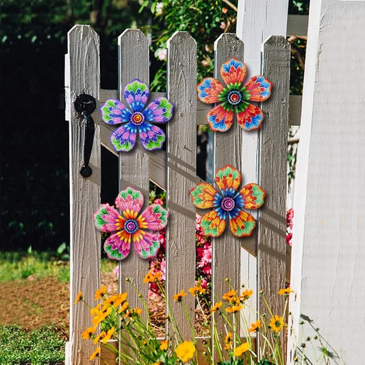 Giyyomtr Metal Flowers Wall Decor - 4pcs Metal Wall Art Hanging Decorations for Outdoor Fence Garden Yard Patio Decor