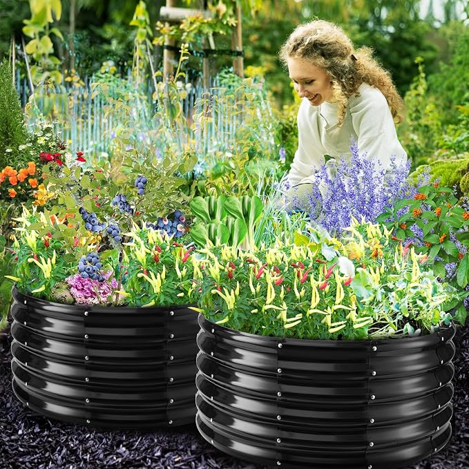 YSEJOMP 17" Tall 32" Diameter Round Raised Garden Bed Kits Outdoor Black | 1.5 FT Tall,2.7 FT Planter Bed for Flowers,Herbs,Vegetables,Trees,0.8MM Thick Galvanized Metal Painted,with Gloves,Tool free