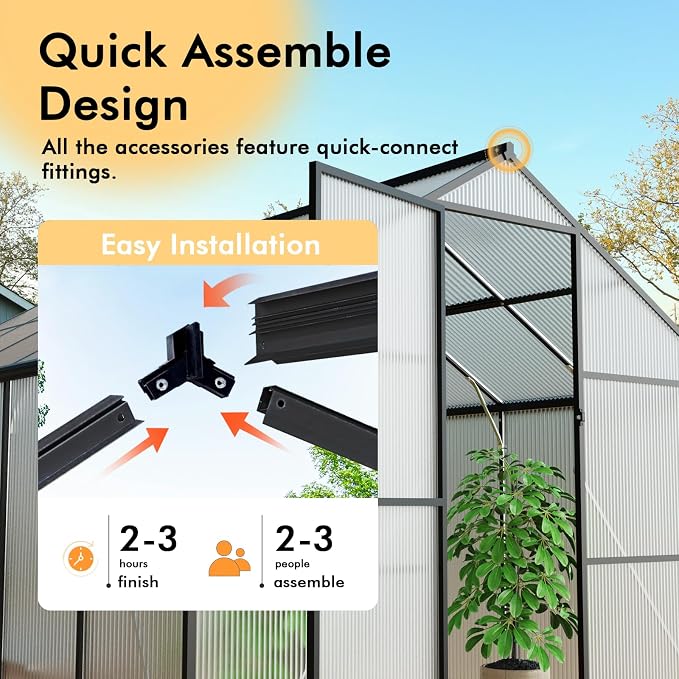 8X14FT Enhanced Aluminum Walk-in Greenhouse for Outdoors with Thermometer | Easy Assembly, UV-Resistant Panel, Rain Gutter, Lockable Sliding Door, Built-in Reinforcement, For Vegetable, Flower and Herb