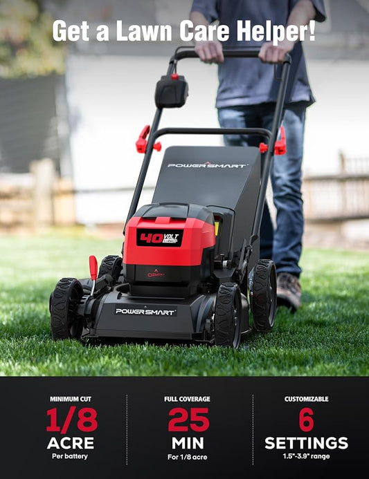 PowerSmart 40V 17" Cordless Lawn Mower with Steel Deck, Brushless Motor, Mulch/Bag/Side Discharge, 4.0Ah Battery and Charger , up to 1/8 Acre