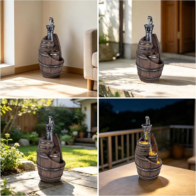 21.7" H Barrel Water Fountains Outdoor with LED Lights, Garden Fountains for Yard Patio Backyard Deck Decor