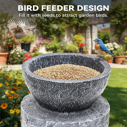 40" Innovative LED Strip Outdoor Water Fountain with Birdfeeder | Unique Dual-Layer Structure Garden Fountain with Soothing Waterfall Foutain for Patio Backyard Garden or Porch Decor