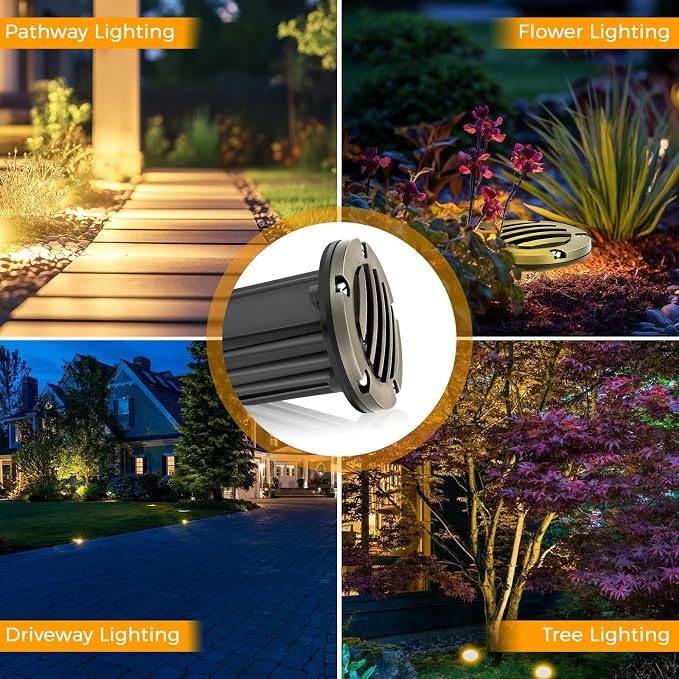 Gardencoin Brass Low Voltage Landscape Well Lights (5" Cover, 5.5" Tall), 12V LED Wired In-Ground Outdoor Up Lighting Fixture Waterproof, Adjustable Beam Direction Base, Without MR16 Bulb (12 Pack)