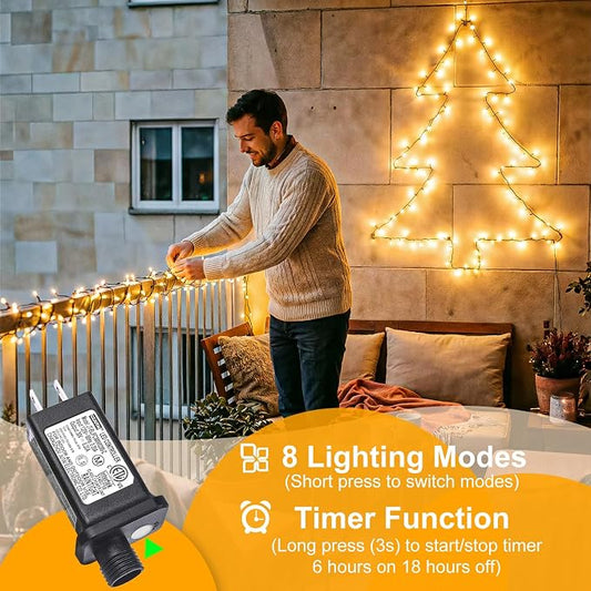 Warm White Christmas Lights Outdoor, 66FT 200 LED Plug in Christmas Tree Lights Waterproof, 8 Modes Connectable String Lights for Outside Patio Garden Wedding Party Holiday Decorations