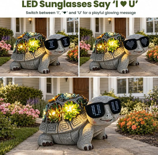 Unique Solar Garden Turtle Statue with I Love You LED Sunglasses and Succulent LED Lights, Lawn Decor Tortoise Figurine for Patio, Balcony Yard Ornament for Mom, Women & Grandma