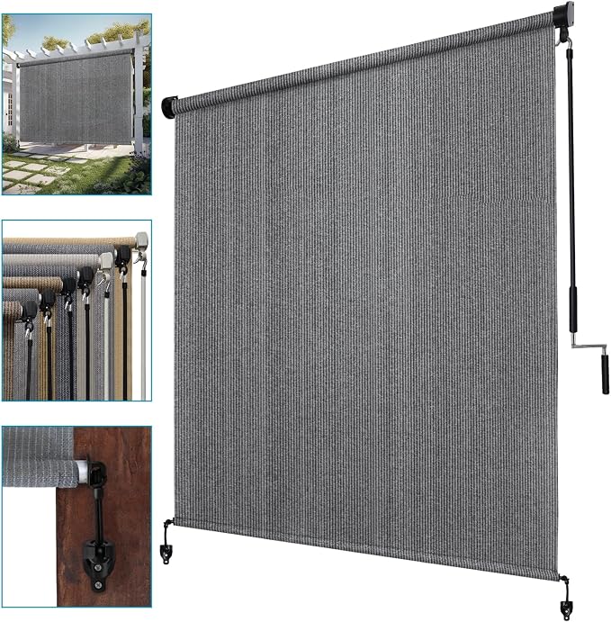 KANAGAWA Custom Size Light Grey Outdoor Roller Shade Exterior Patio Cordless Roll Up Shade for Pergola, Deck Porch Gazebo, Backyard