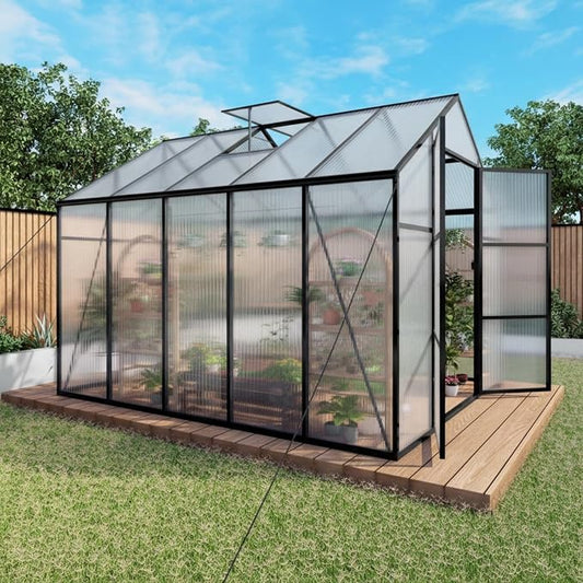 8x10 FT Greenhouse, Walk-in Outdoor Heavy Duty Polycarbonate Greenhouses with Aluminum Frame, High Headroom, UV Protection & Drainage System for Backyard All Season Growing, Black