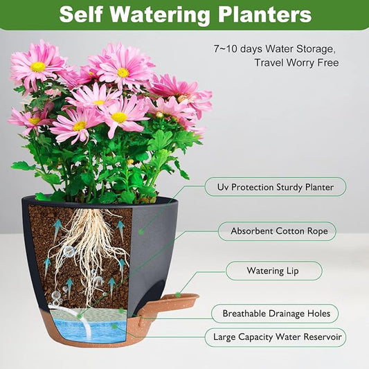 Vanslogreen Planters for Indoor Plants, 8/7/6.5/6/5.5/5 Inch Self Watering Plant Planters with Drainage Hole, Plastic Planters Flower Pots for Indoor Outdoor Plants (Black)
