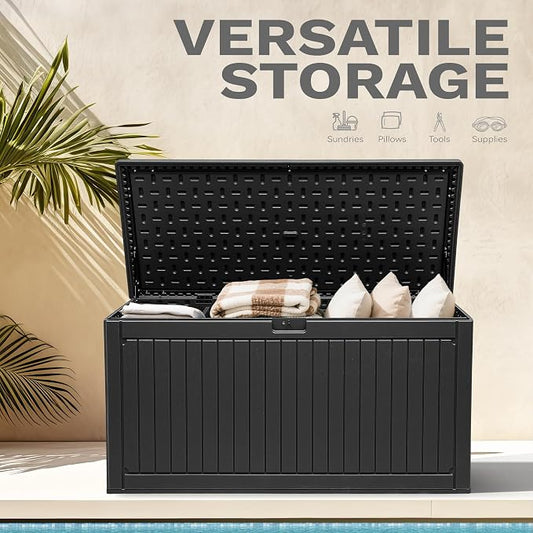 DWVO 320 Gallon Double-Wall Deck Box with Divider, XXL Extra Large Resin Outdoor Storage Box, Lockable & Waterproof, Double as Seating, 1000lbs Capacity (Black)