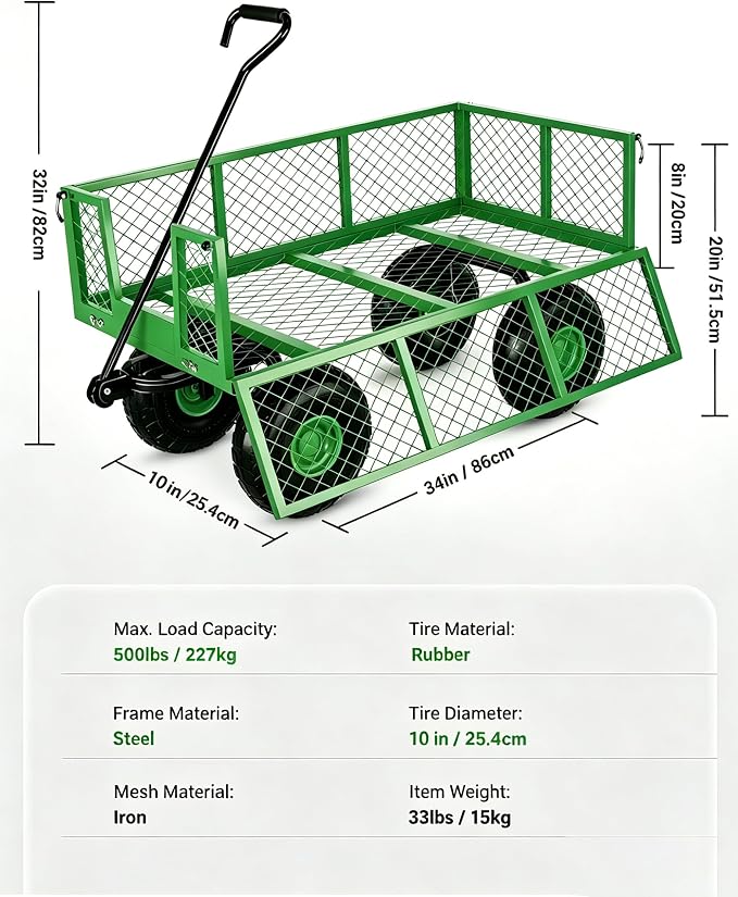 Garvee Steel Garden Cart, 500 LBS Capacity Utility Outdoor Wagon, Heavy Duty Mesh Garden Metal Wagon with Removable Sides, Flexible Handle for Yard, Lawn, Garden