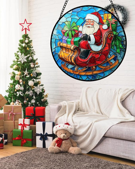 DASTOLL Stained Glass Window Hanging - Red Santa Claus Gift Box Suncatcher for Doors Home Christmas Decoration Winter Sun Catcher Thanksgiving New Year Birthday Gift for Women Men Mom Nana 15 in