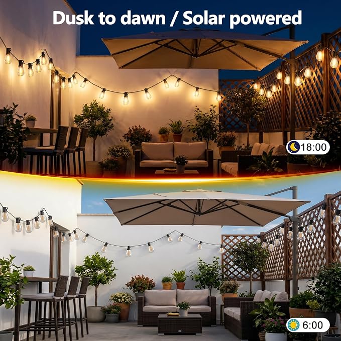 100FT Solar String Lights Outdoor, IP65 Waterproof Shatterproof LED Bulbs, Solar & USB Dual Powered, 20+ Hrs Long Lasting, Hanging Lights for Patio, Backyard, Garden, Wedding, Party Decor