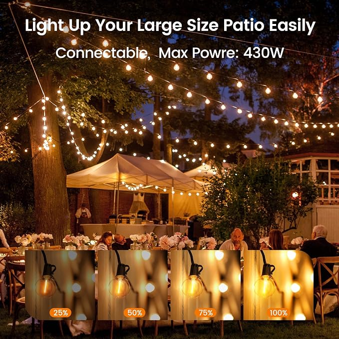 OHLUX Outdoor String Lights, 27FT LED Patio Lights with 13 Dimmable Plastic G40 Globe Bulbs(1 Spare), 2200K Waterproof Connectable Hanging Lights for Backyard Porch Cafe Party Decor E12 Socket Base
