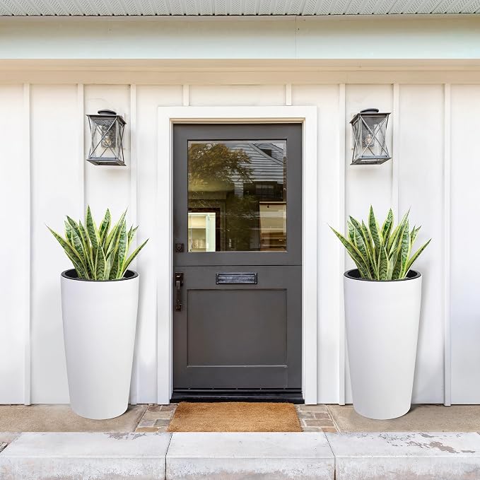Garvee Tall Planters for Outdoor Plants, 30 in Large Planters Set of 2, Outdoor & Indoor Planters with Water Level Monitor & Inner Bucket, Automatic Watering, for Porch, Patio, Backyard, White
