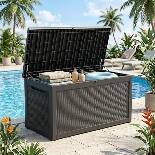 320 Gallon Outdoor Storage Box, Extra Large Waterproof Resin Deck Box with Lockable Lid Storage Bin for Patio Furniture Cushion, Garden Tools, Pool Accessories, UV-Resistant Outside, Black