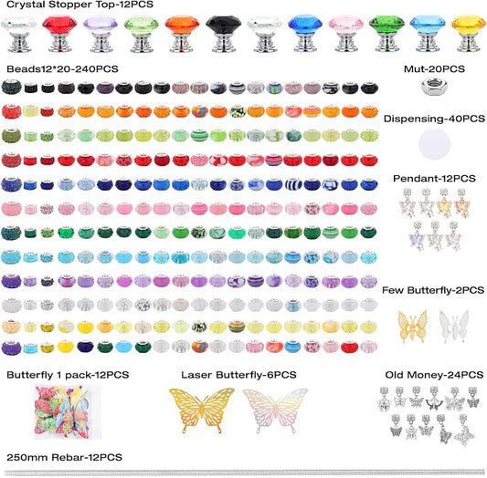 380Pcs Beaded Garden Stake, DIY Fairy Wand Beaded Decorative Butterfly Garden Stake Kit with 12IN Threaded Rod Crystal Stopper Top Large Holes Beads Butterfly Decoration Pendants Outdoor