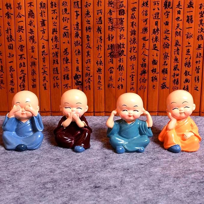 4PCS Cute Kung Fu Monk Statue Miniature Buddha Figurine Wise Figure Little Monk Sculpture Collectibles Crafts Arts Zen Ornaments Wall Shelf Desktop Garden Home Office Car Decoration Gift (A)