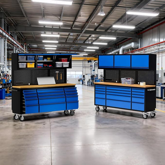 CHETTO C 72-Inch Tool Chest with Wheel Lock 15 Storage Drawers 3 Upper Cabinet Pegboard with Power Outlet for Large Warehouse Garage Toolbox (Blue, 72-Inch + 3 Upper Cabinets) 2 Pack