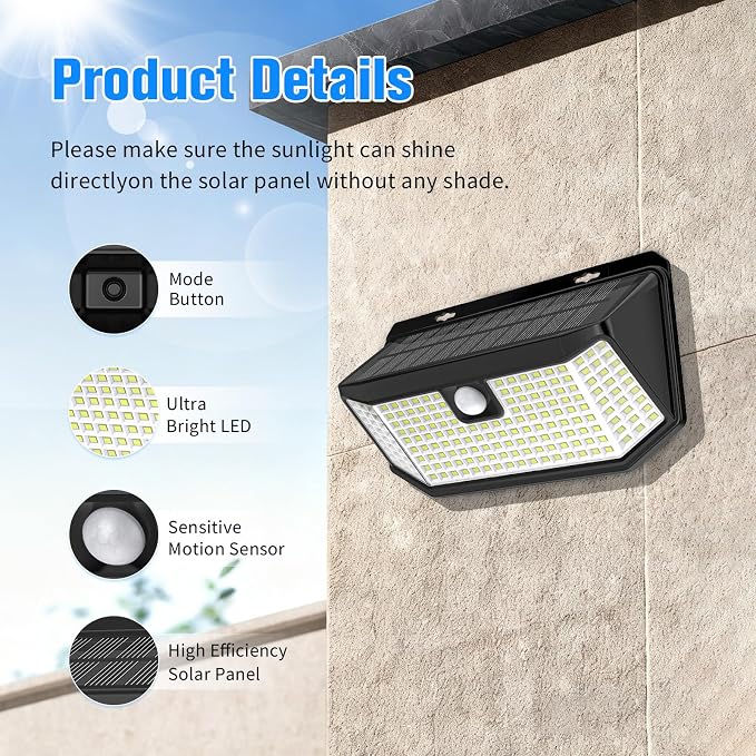 Aootek Solar Outdoor Motion Sensor Lights 2500Lm Solar Panel to 15.3 in² and 3 Modes(Security/Permanent On All Night/Smart Brightness Control) with IP65 Waterproof with Wide Angle(4pack)