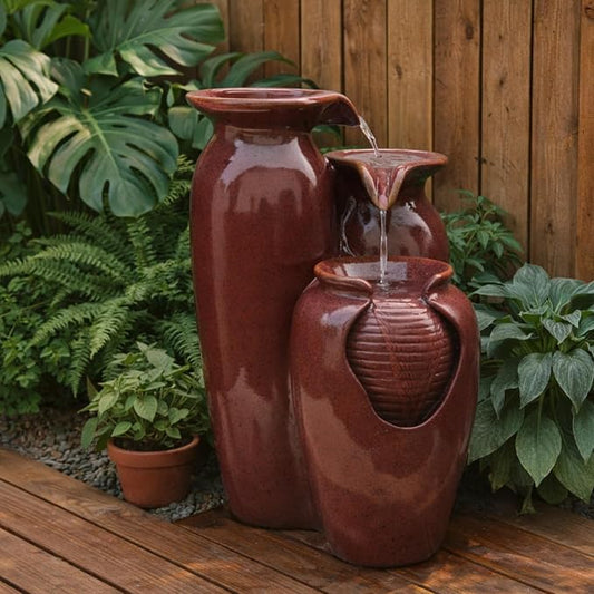 Teamson Home Jar 3 Tiered Floor Waterfall Fountain with Pump for Outdoor Patio Garden Backyard Decking, 20 Inch Height, Brown | With Pump, Outdoor Patio Garden Backyard Decking, 20 Inch Height