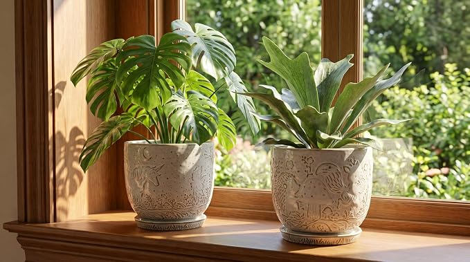 Claybourne Embossed Terracotta Plant Pots with Drainage Hole & Saucer, 4/6/8 Inch, Indoor/Outdoor Planter with Pebbles (White(Forest Elf), 6 inch)