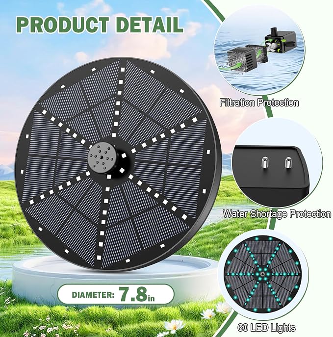 Yzert Upgraded Solar Fountain Bird Bath with 60 LED Lights, Solar Powered Water Fountain Pump with 4000mAh Battery 7 Nozzles 4 Fixers, for Garden Patio Pond Birdbath Pool