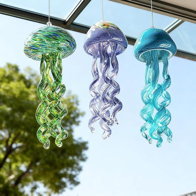 Sea Blown Glass Wind Chimes for Outside Jellyfish Ocean Wind Chimes 10 Inch | Ocean Beach Themed Crystal Wind Chime Gift Sea Glass Wind Chimes Hanging Decor for Patio, Window & Garden