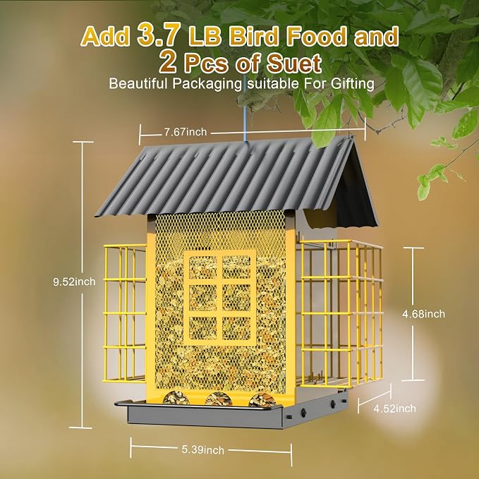 FlowaFoli Bird Feeders for Outdoors Hanging, Metal Bird Feeder with Double Suet Cage Cake, Large Capacity, Birdfeeders Sturdy & Weatherproof, Easy to Clean & Refill, Great for Attracting Wild Birds
