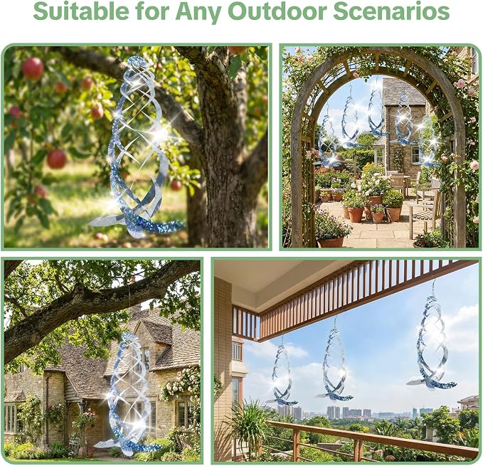 OFFO Bird Reflectors, 15.8 inch Double-Sided Reflective Bird Scare Devices with Stainless Steel Hook, Spiral Reflectors Outdoor Garden Decor for Tree Patio Farm Orchard Porch Pool Window, 8 PCS