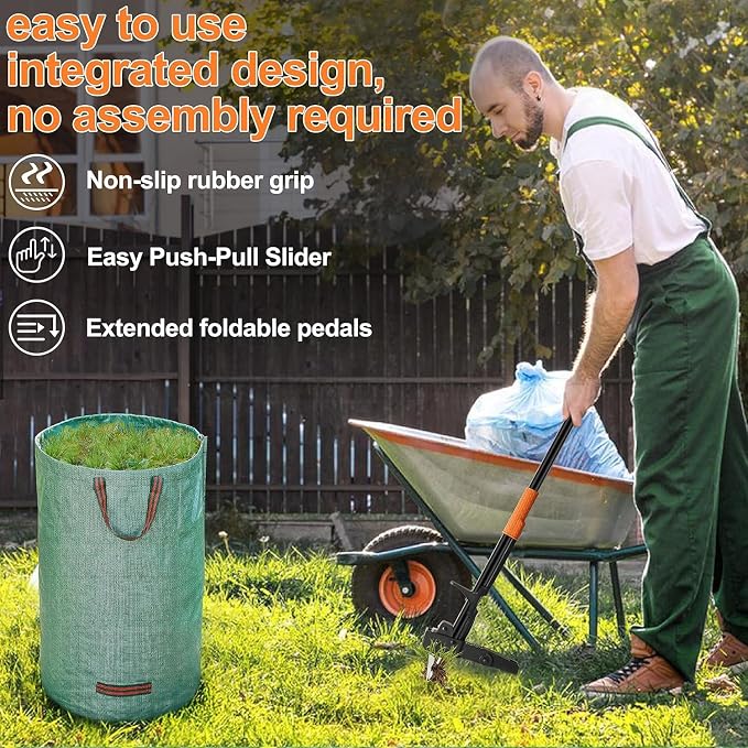 Weed Puller Tool Stand-Up - 40" Long Handle Weed Picker with Leaf Bag, 4 Claws Stainless Steel & Foldable Foot Board, Easy Weeding Removal, No Bending
