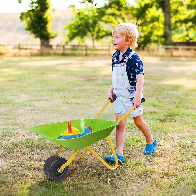 Costzon Kids Wheelbarrow, Metal Construction Toys Kart, Child Wheel Barrel w/Non-Slip Handle, Wearable Wheels, Yard Rover Steel Tray, Tote Dirt/Leaves/Tools in Garden for Toddlers (Light Green)