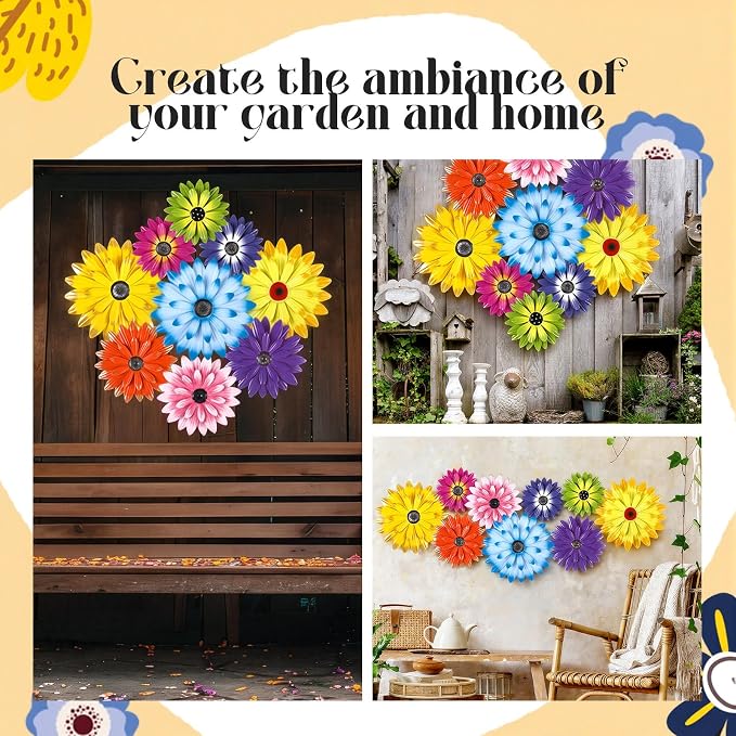 Zhehao 9 Pcs Metal Flower Wall Art Hanging 3D Daisy Decor Metal Flowers Outdoor Decor Multicolored Layered Floral Sunflower Wall Decorations for Home Garden Porch Patio (Stylish Color,6/8/10 Inch)