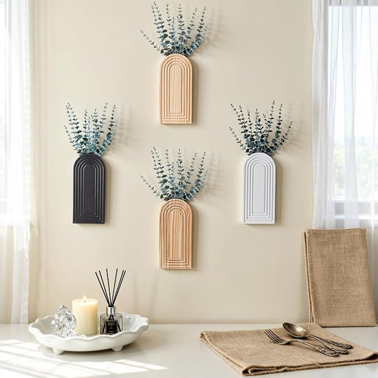 DREAMLOOM 2 Pack Wooden Wall Vases with Eucalyptus Artificial Plants, Wall Hanging Planters Boho Modern Farmhouse Indoor for Narrow Spaces Entryway Bathroom Home Office Decoration, Black