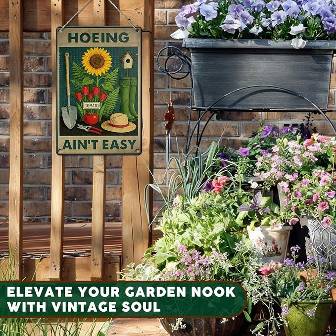 PEACHGARDEN Hoeing Ain't Easy Sign Funny Garden Metal Sign Yard Art Garden Wall Decor Patio Decor for Outdoor Porch Greenhouse Backyard Cabin 8x12 inch
