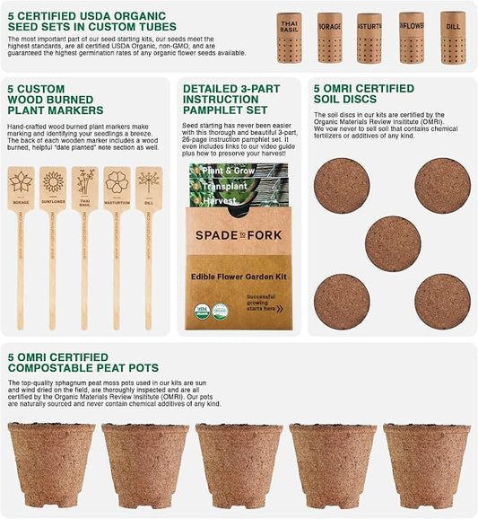 Organic Edible Flower Garden Seed Kit - 23pc Indoor Garden with Soil, Pots, Plant Markers, USDA Organic Non-GMO Seeds & Illustrated Instructions - Sunflower, Borage, Thai Basil, Dill, Nasturtium