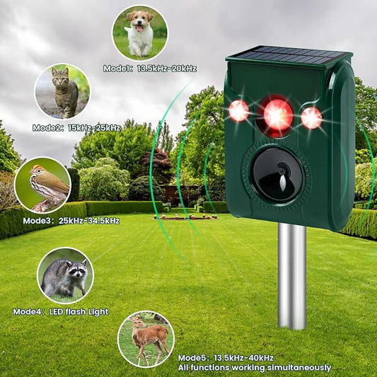 Ultrasonic Pest Repellent,Solar Animal Repeller,Outdoor Cat Repellent,Bird Repellent,Deer Repellent.Dog,Raccoon,Squirrel Repellent,Motion Activated LED Flashing Light Alarm Sound Animal Repellent