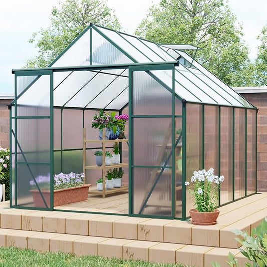 8x10 FT Greenhouse, Walk-in Polycarbonate Greenhouses with Double Sliding Doors, Aluminum Frame, Adjustable Roof Vent, Raised Base & Anchor, Outdoor Backyard Greenhouse for All Seasons, Green