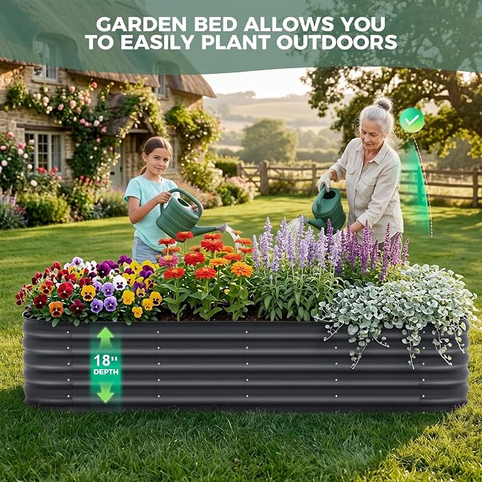 8x2x1.5ft Galvanized Raised Garden Bed Outdoor, 18'' Oval Large Metal Planter Garden Boxes for Gardening, Planting Deep Root Vegetables, Herbs, Fruits, Flower, Rustproof, Rubber Strip, Gray