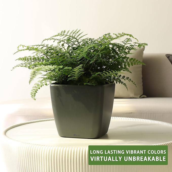 Dexceder 11x10 Self Watering Planter (Slate Gray Matte) | Inner Mat Design, Thickened Table Flower Plant Pot with Water Level Indicator Indoor Outdoor
