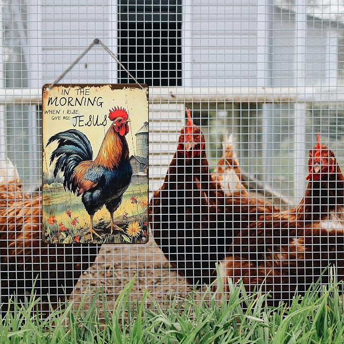 PEACHGARDEN Rooster Decor Chicken Coop Metal Sign Rooster Crowing - In The Morning When I Rise Give Me - Farmhouse Wall Art Decor for Garden Kitchen Yard Farm 8X12inch