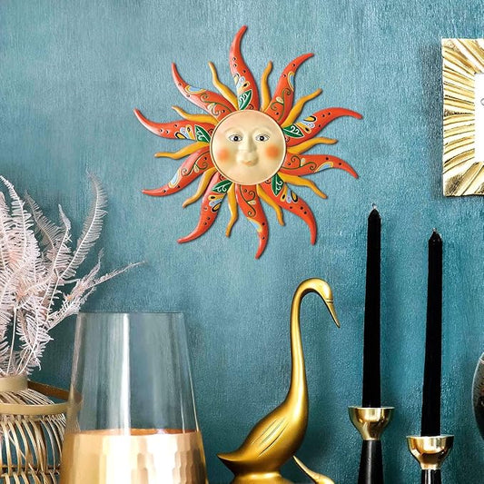 Metal Sun Wall Art Decor,17.3Inches Sun Face Garden Sculptures Statues Wall Art Decorations for Indoor and Outdoor, Room Garden Porch Fence Balcony Patio Decor