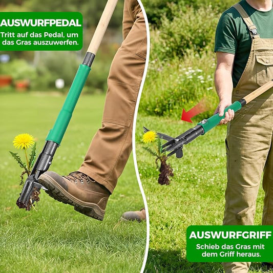 Weed Puller Tool with 2 Weed Eject Feature, 43.7in Stand Up Dandelion Remover Tool, Real Bamboo Handle and Metal 4 Claw & Foot Pedal, Heavy Duty Garden Weeder