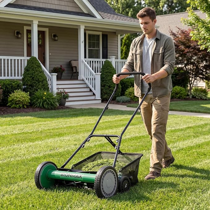 Goplus 18 Inch Push Reel Lawn Mower, 5-Blade Manganese Steel Manual Grass Cutter, 4-Position Adjustable Height, Removable Grass Catcher, Quiet No-Motor Walk-Behind Mower for Yard, Lightweight